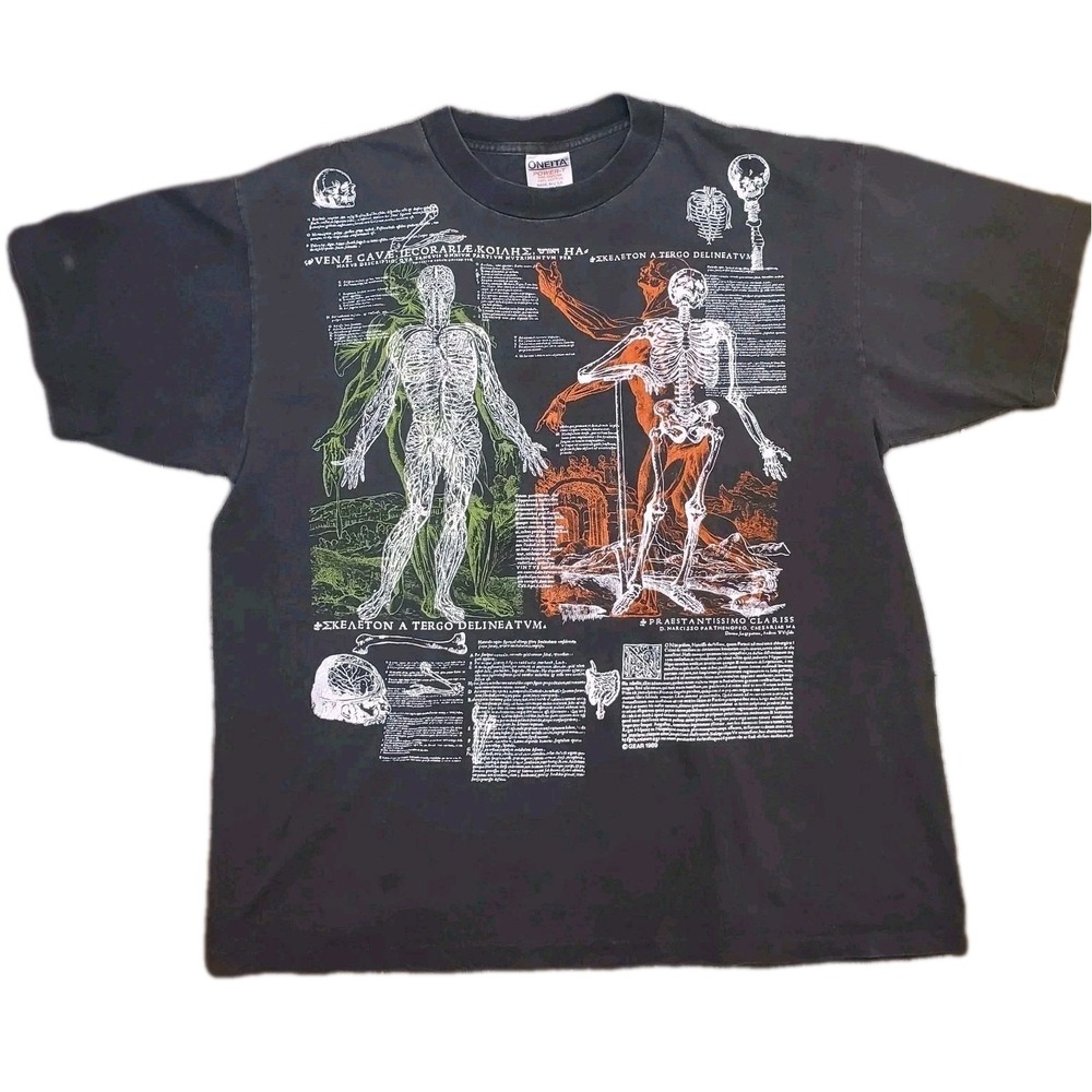 VTG 80s Anatomical Skeleton Anatomy Latin Single Stitch AOP XL Oneita Power T